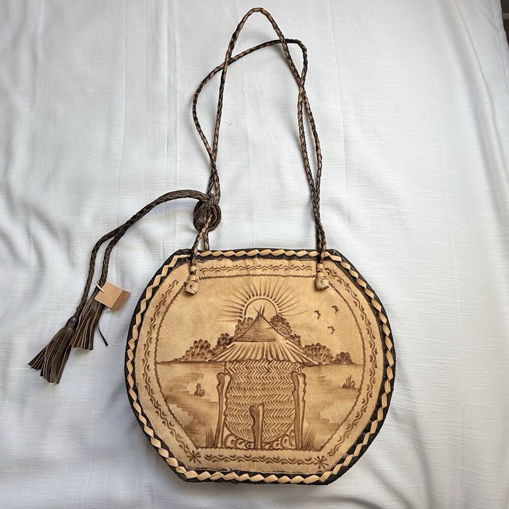 African Handmade Woven Straw And Etched Leather Circular Large Shoulder Bag New